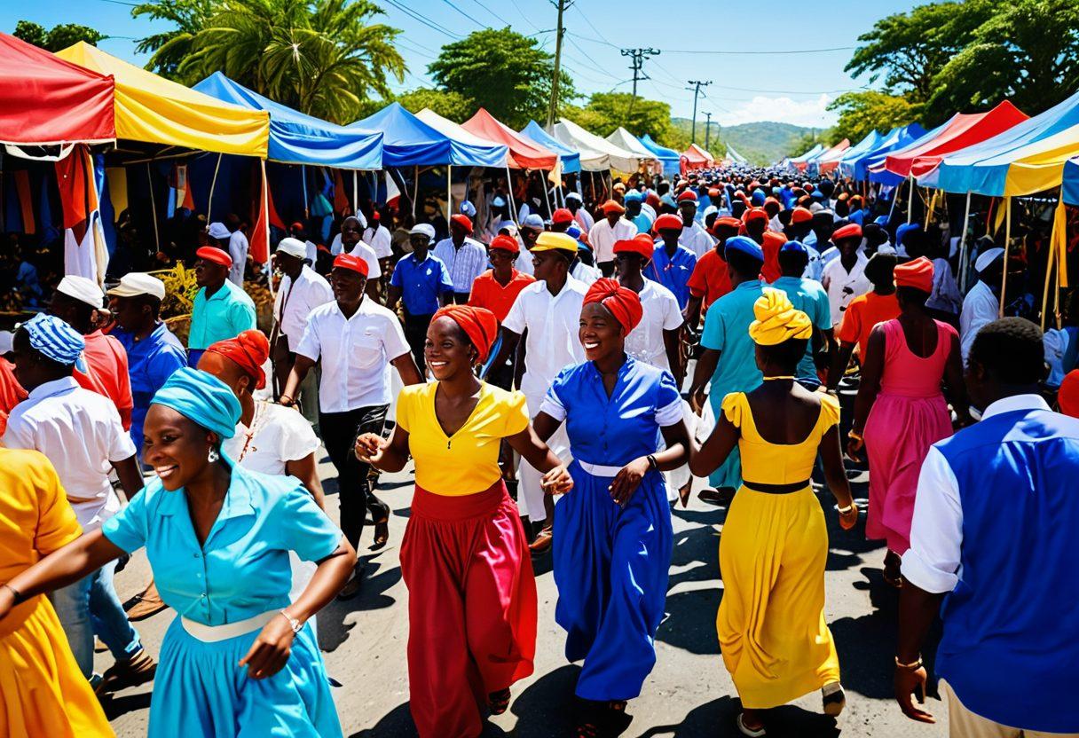 A vibrant marketplace scene filled with people celebrating Haitian heritage, showcasing traditional colorful clothing, festive music, and lively dances. Include stalls with local crafts, delicious Haitian dishes, and cultural decorations like flags and banners. The background should feature a lush tropical landscape and a blue sky, evoking a sense of community and joy. bright colors. painting.