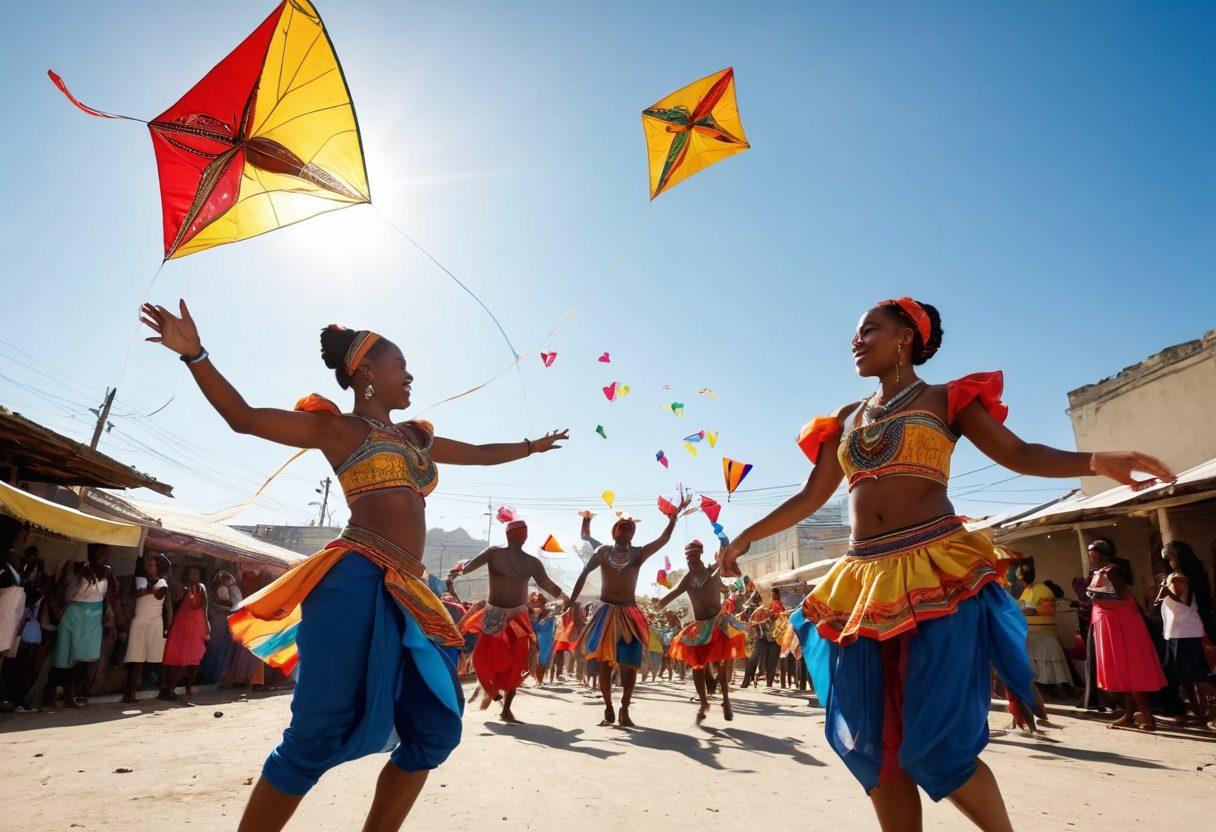 A colorful street festival in Haiti showcasing traditional dancers in vibrant costumes, surrounded by lively music instruments and local crafts. The backdrop features iconic Haitian architecture and a warm, sunny sky filled with drifting kites. Joyful people of diverse backgrounds are celebrating together, embodying the spirit of community and culture. The scene should radiate warmth and happiness. super-realistic. vibrant colors. 3D.