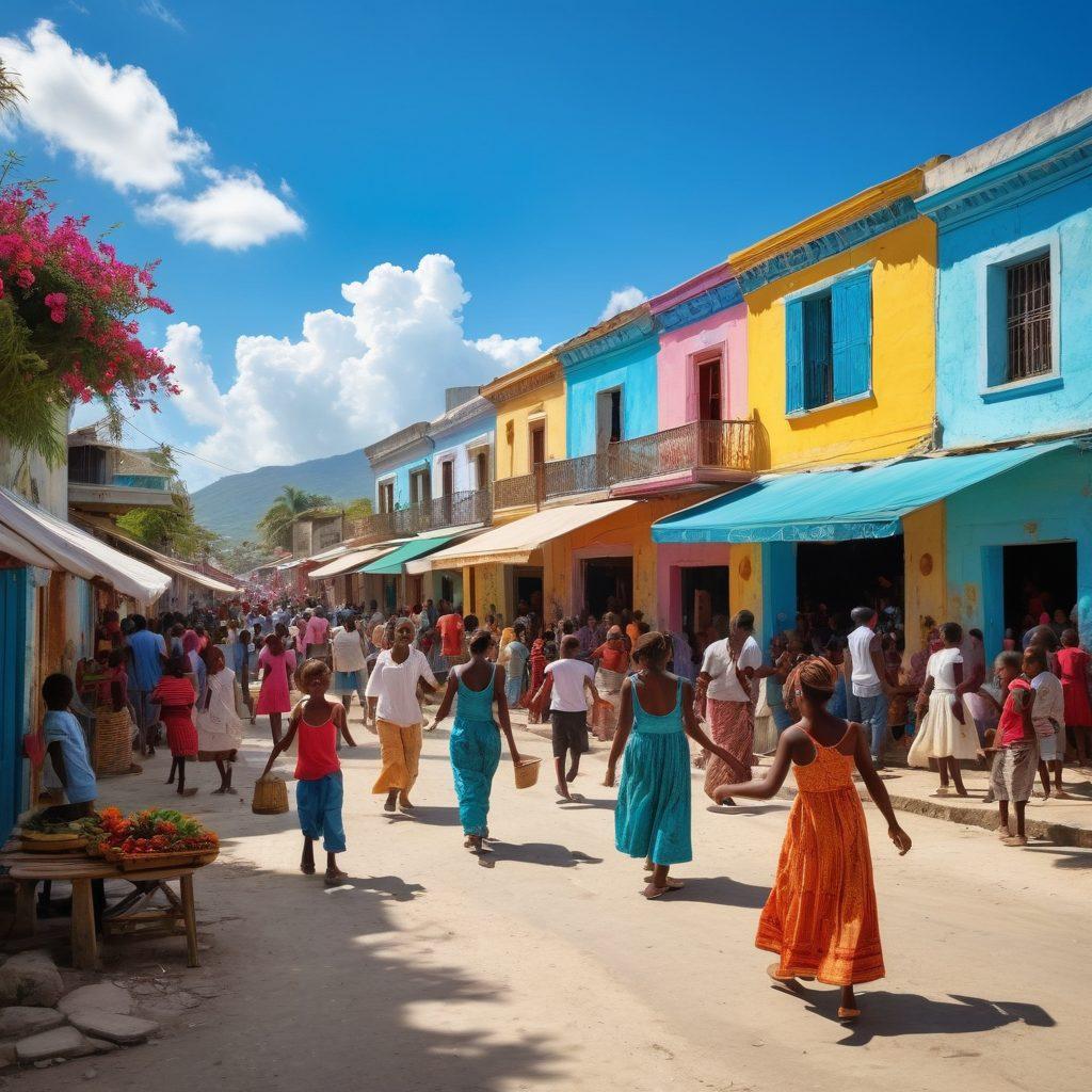 A vibrant street scene showcasing the warmth of Haitian culture, featuring locals engaging in traditional dances and crafts under a bright blue sky. Colorful buildings adorned with murals, and joyous children playing in the foreground. Display of vivid flowers and a bustling market atmosphere to evoke the cheerful spirit of Haitian lifestyle. super-realistic. vibrant colors. sunny background.